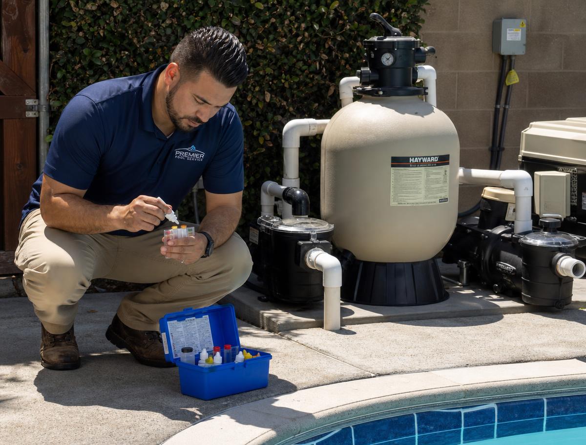 Technician testing pool water beside a saltwater chlorinator