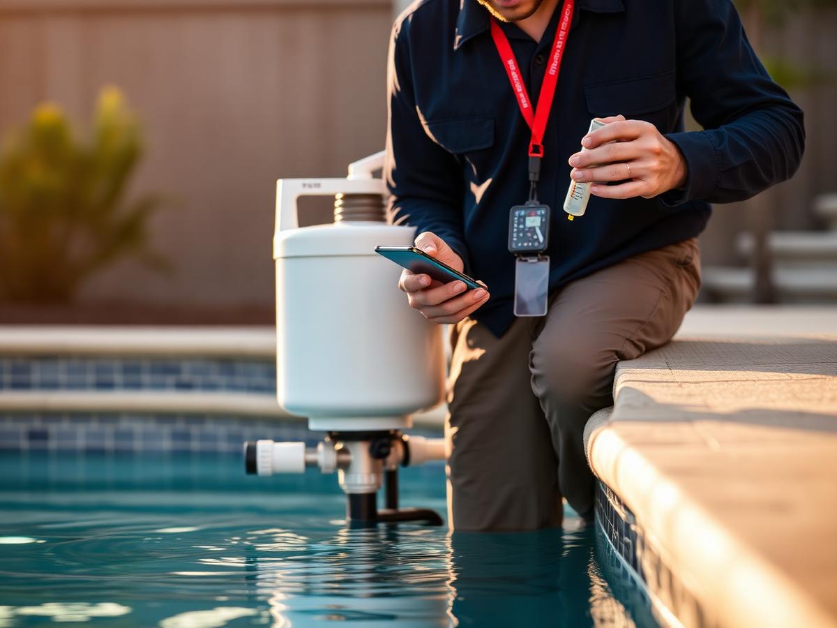 Technician testing pool water beside a saltwater chlorinator