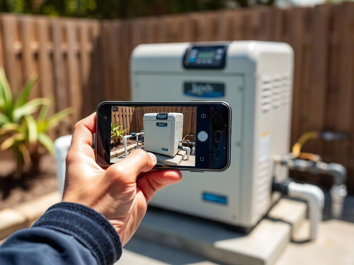Technician pointing a phone camera at a pool equipment control panel
