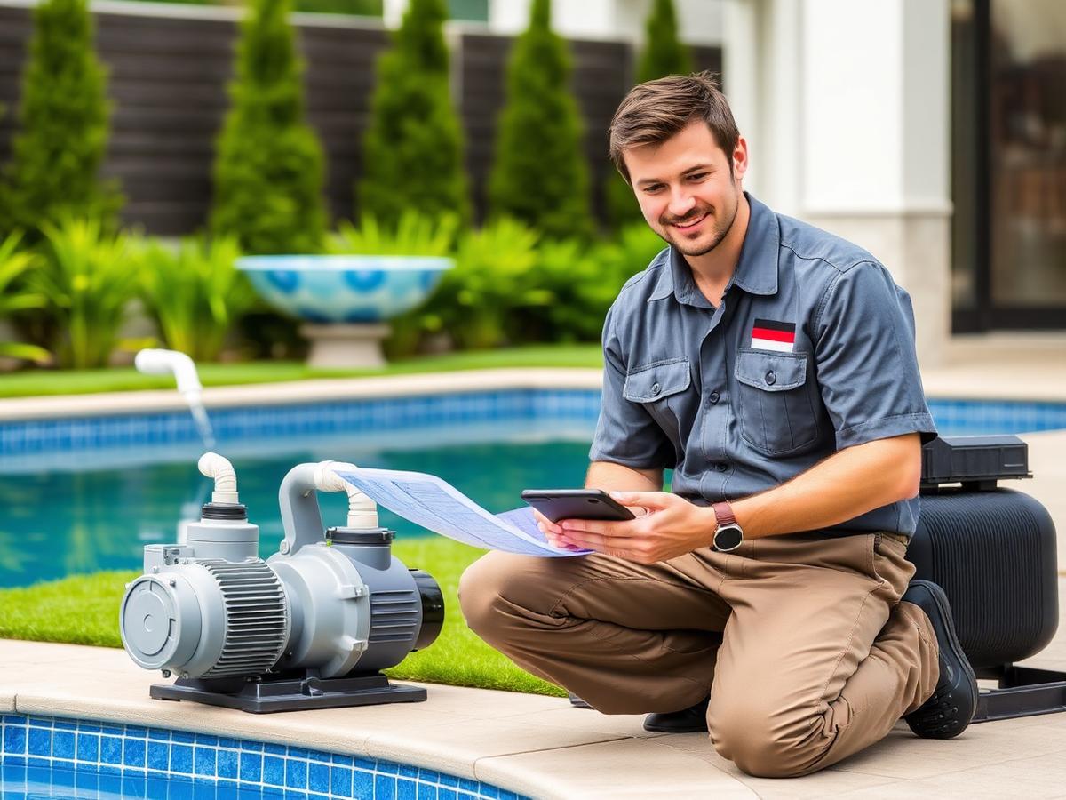 Technician reviewing a parts list next to a pool pump and filter