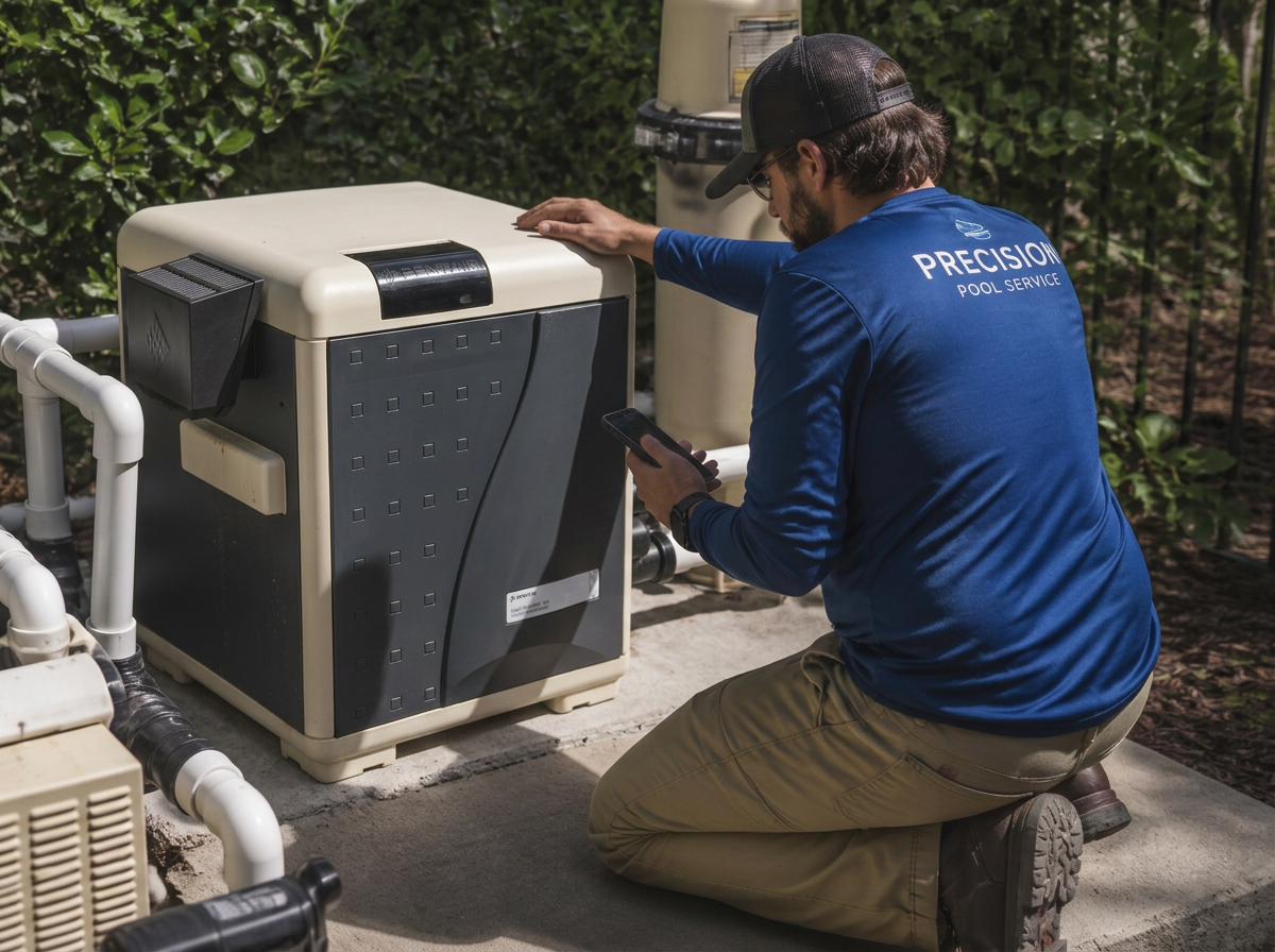 Technician diagnosing a Pentair MasterTemp heater while holding a phone for reference